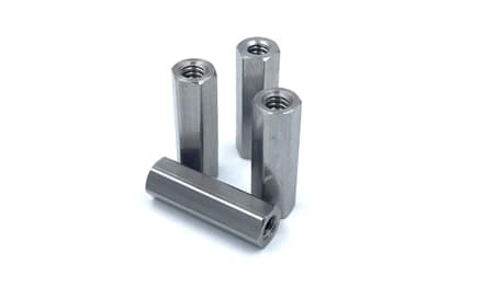 We supplied these custom stainless steel hex standoffs to our electronics customer operating their plant in New York. 18-8 stainless steel was used and the critical length dimension was set to .615" +/- .01". #4-40 internal thread is incorporated. Our internal part number for this item is 260-302508-001 and the lead time varies significantly depending on the quantity requested.